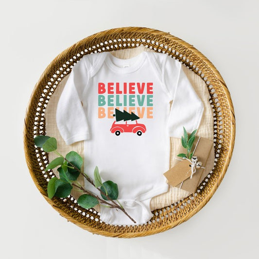 Believe Stacked Car Long Sleeve Onesie