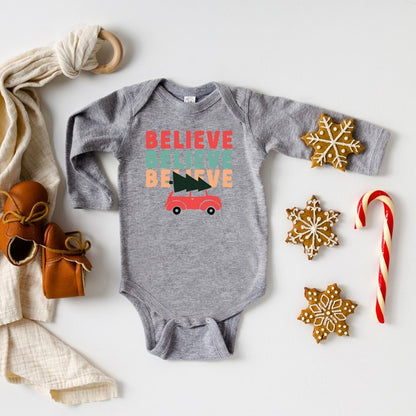 Believe Stacked Car Long Sleeve Onesie