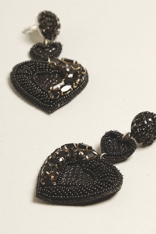 Black Heart Seed Beaded Post Earrings