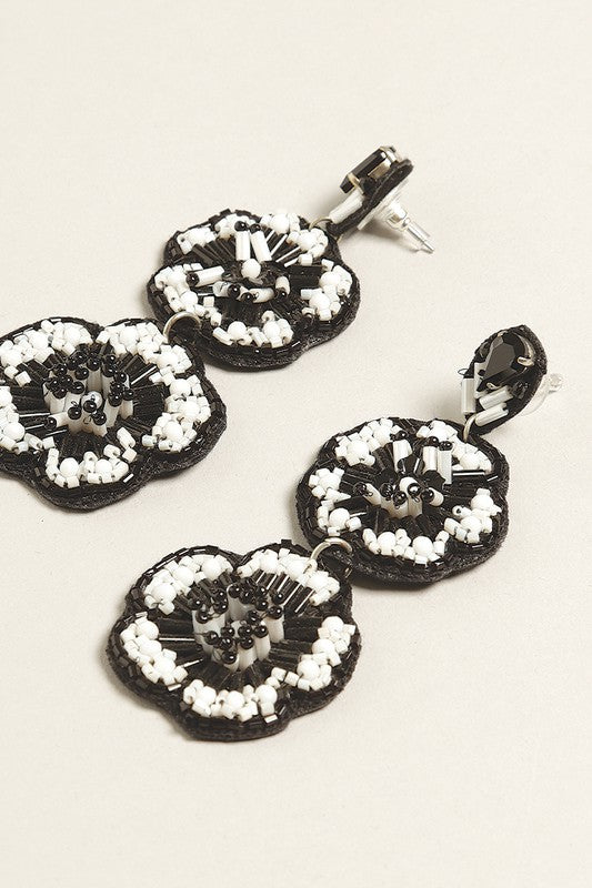 Black and White Flower Seed Beaded Post Earrings