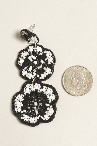 Black and White Flower Seed Beaded Post Earrings