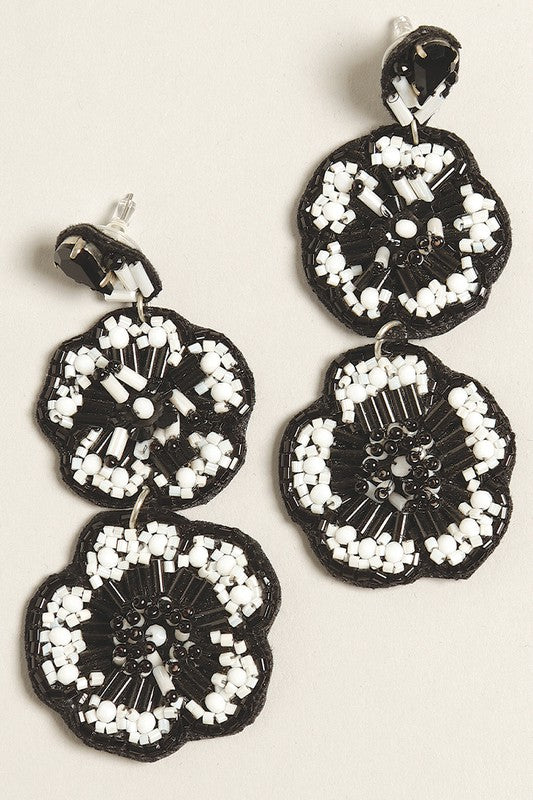 Black and White Flower Seed Beaded Post Earrings