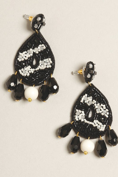 Black and White Teardrop Seed Beaded Post Earrings