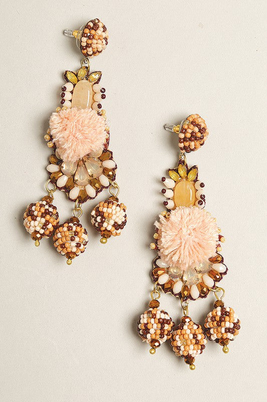 Seed Beaded Pom Post Drop Earrings