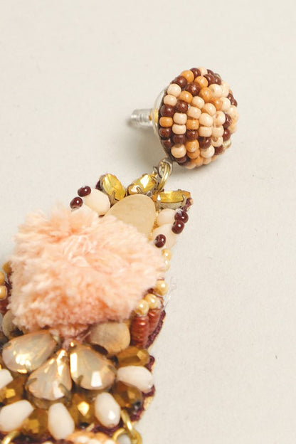 Seed Beaded Pom Post Drop Earrings