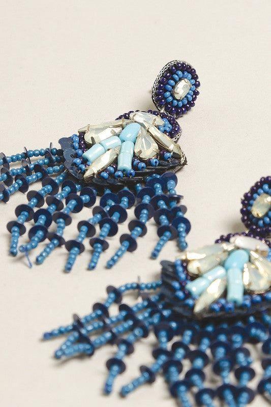 Blue Seed Beaded Statement Post Earrings