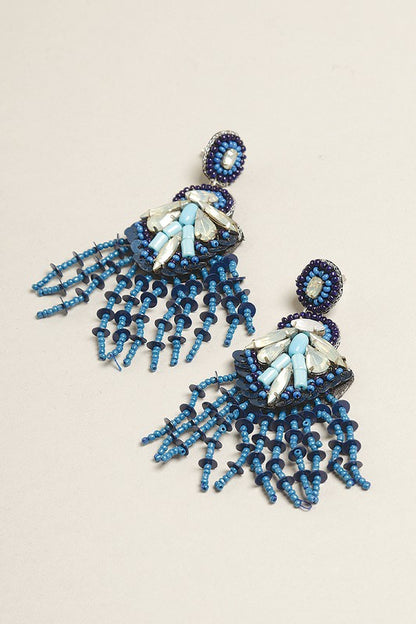 Blue Seed Beaded Statement Post Earrings