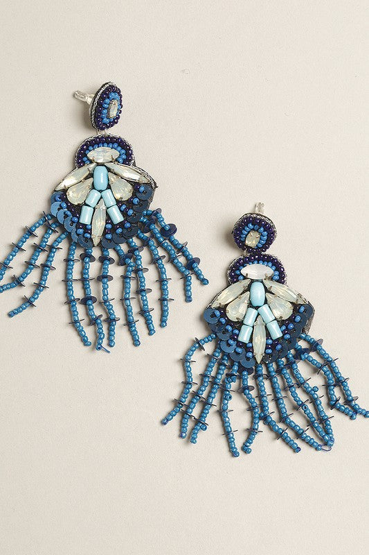 Blue Seed Beaded Statement Post Earrings