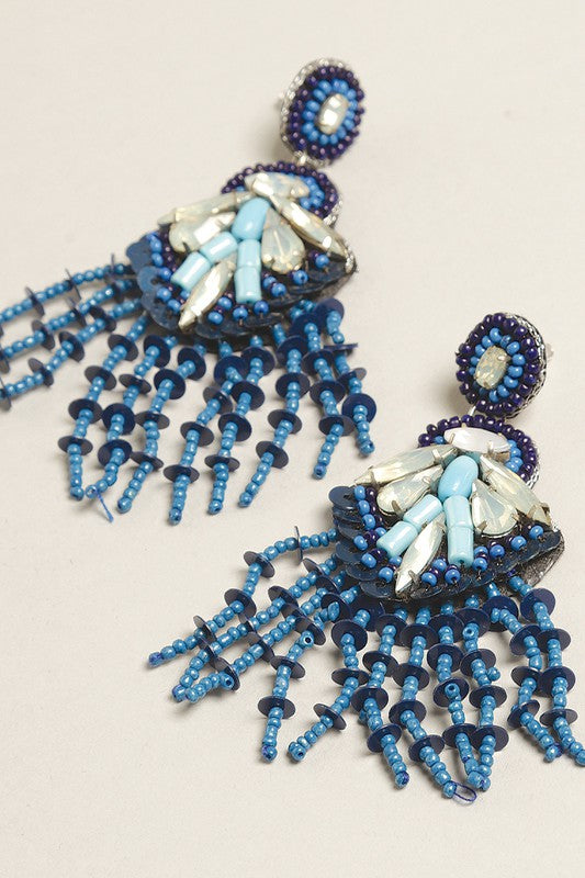 Blue Seed Beaded Statement Post Earrings