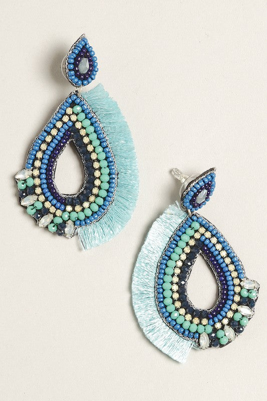 Tribal Blue Teardrop Seed Beaded Post Earrings