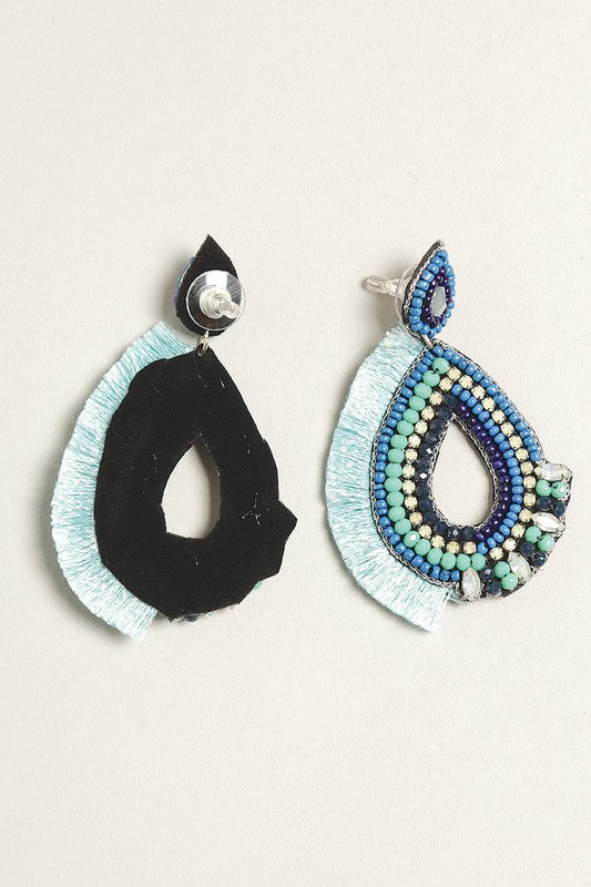 Tribal Blue Teardrop Seed Beaded Post Earrings