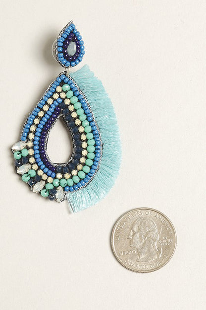 Tribal Blue Teardrop Seed Beaded Post Earrings