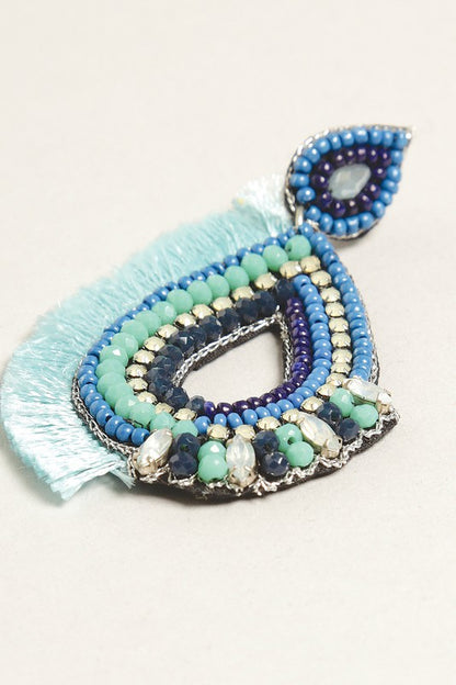 Tribal Blue Teardrop Seed Beaded Post Earrings