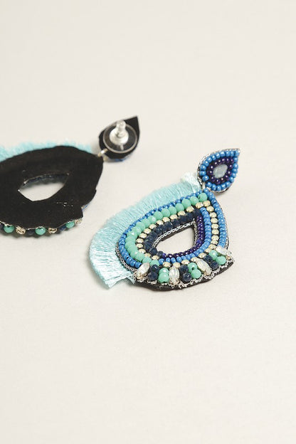 Tribal Blue Teardrop Seed Beaded Post Earrings