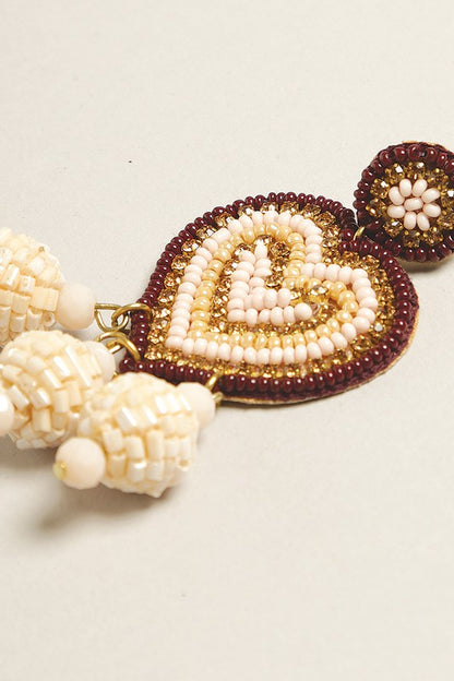 Heart Seed Beaded Post Drop Earrings