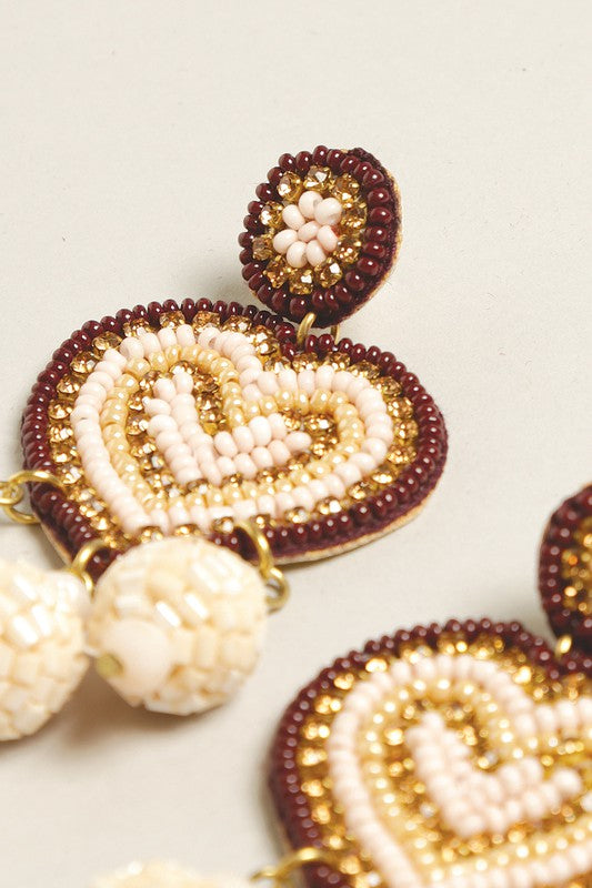 Heart Seed Beaded Post Drop Earrings