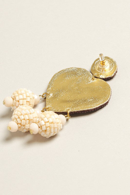 Heart Seed Beaded Post Drop Earrings