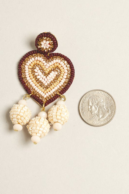 Heart Seed Beaded Post Drop Earrings