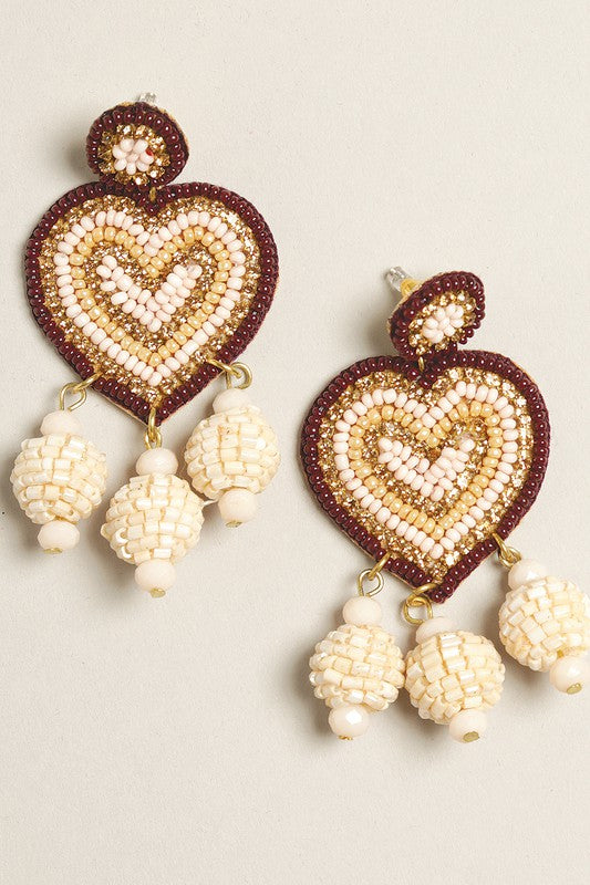 Heart Seed Beaded Post Drop Earrings
