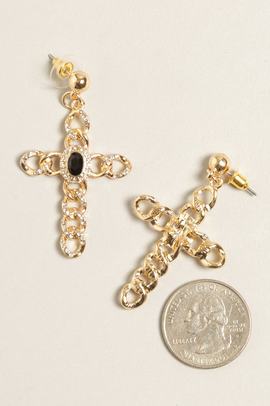 Gold Cross Post Drop Earrings