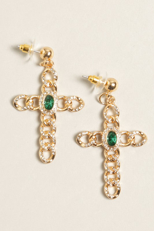 Gold Cross Post Drop Earrings