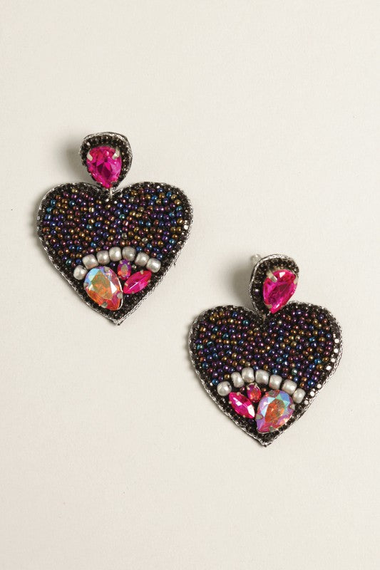 Gem Heart Seed Beaded Post Earrings