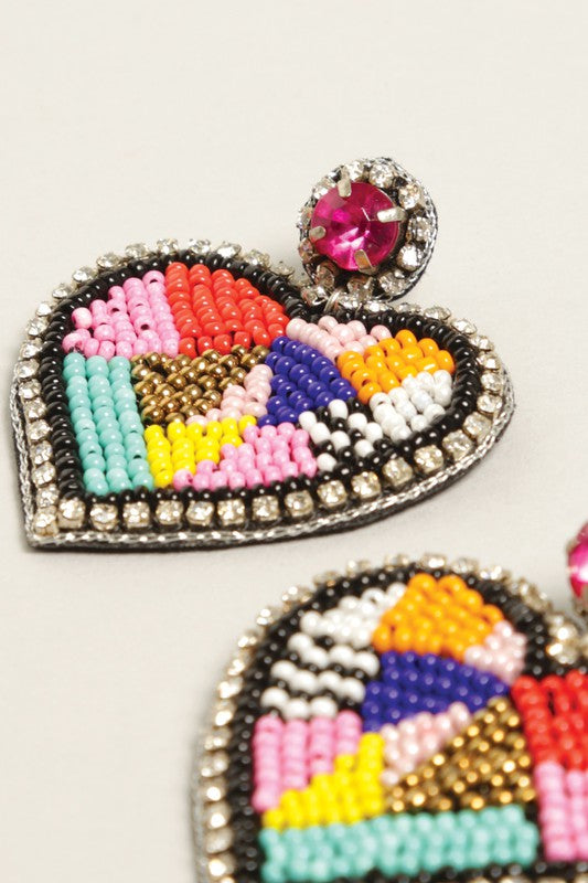 Colorful Heart Seed Beaded Post Earrings