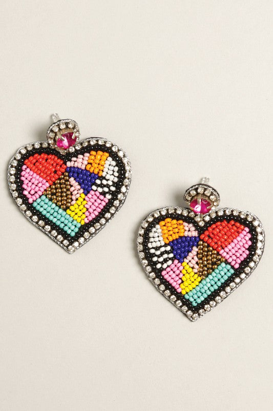 Colorful Heart Seed Beaded Post Earrings