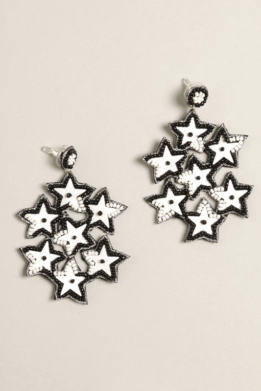 Black and White Stars Seed Beaded Post Earrings