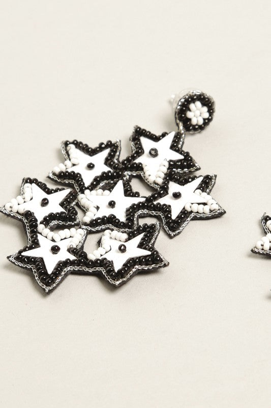 Black and White Stars Seed Beaded Post Earrings