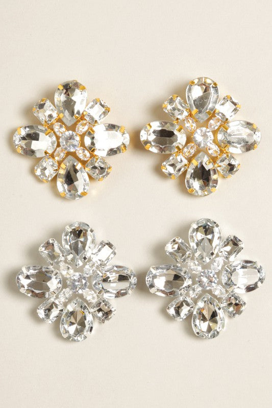 Giant Crystal Flower Clip-On Earrings