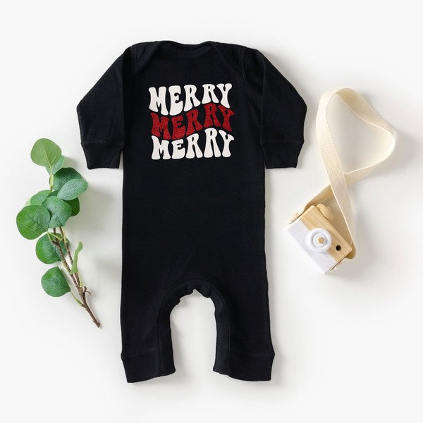 Merry Stacked Wavy Glitter Baby Romper