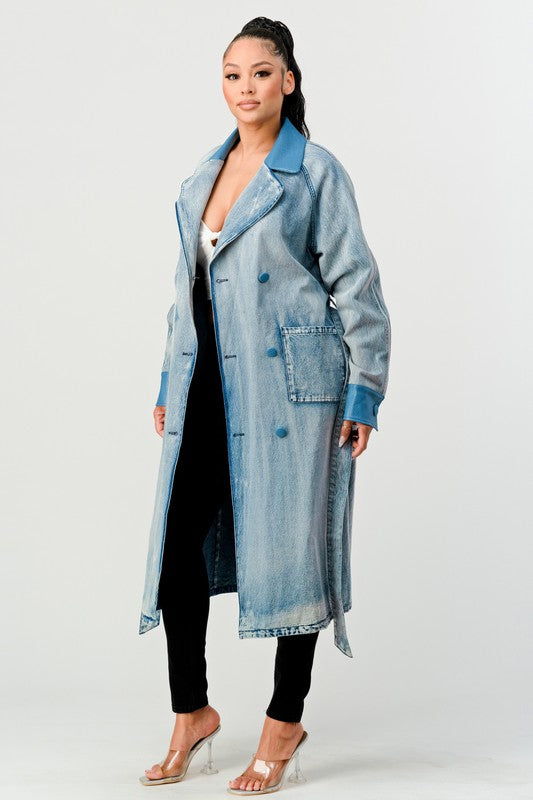 ATHINA WASHED DENIM LONG TRENCH COAT