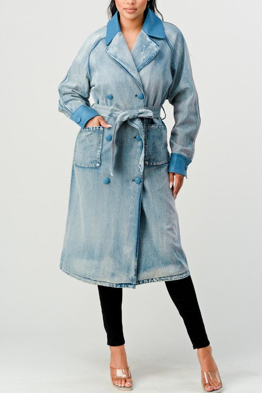 ATHINA WASHED DENIM LONG TRENCH COAT