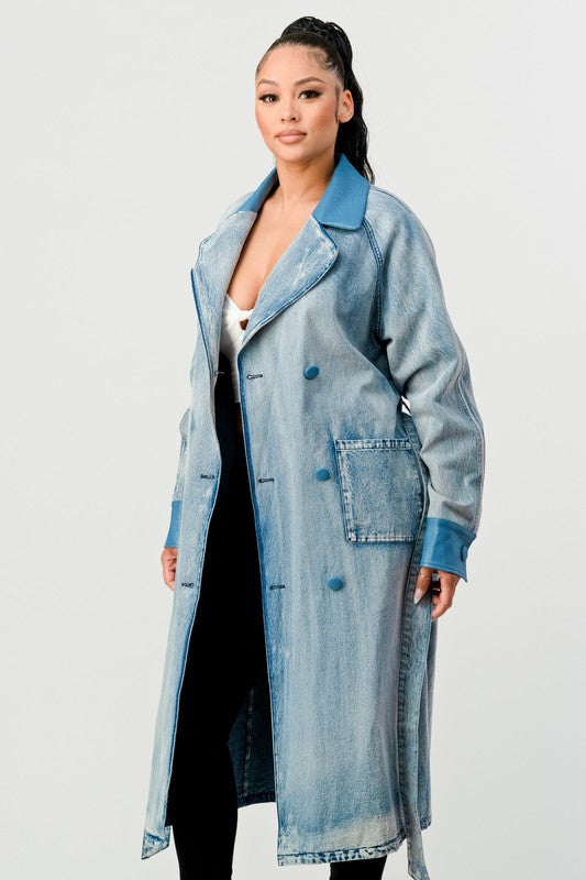 ATHINA WASHED DENIM LONG TRENCH COAT