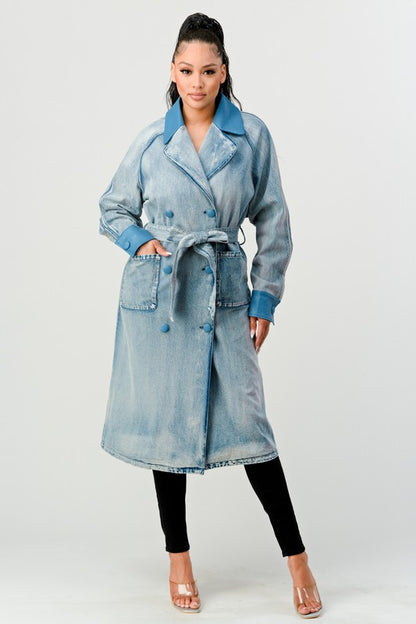 ATHINA WASHED DENIM LONG TRENCH COAT