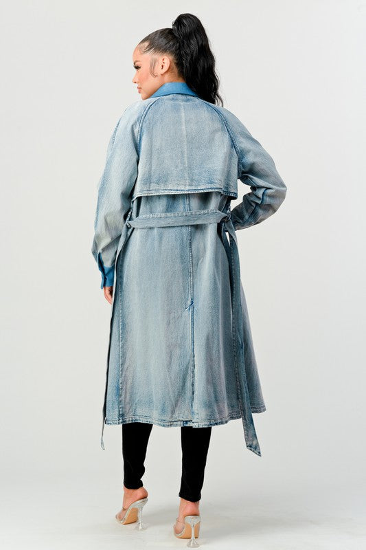 ATHINA WASHED DENIM LONG TRENCH COAT