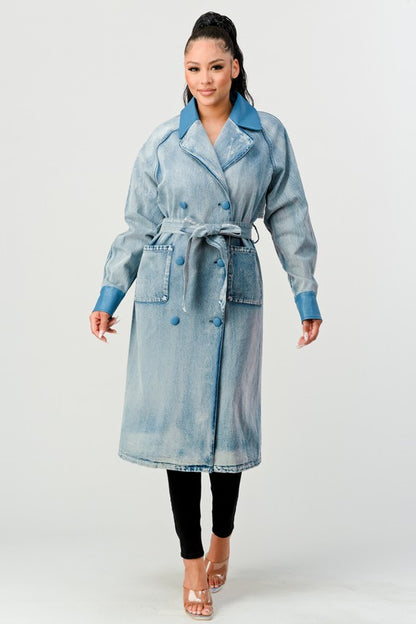 ATHINA WASHED DENIM LONG TRENCH COAT