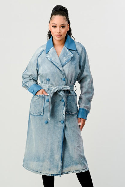 ATHINA WASHED DENIM LONG TRENCH COAT