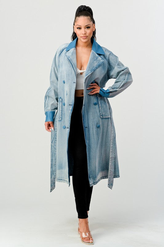 ATHINA WASHED DENIM LONG TRENCH COAT