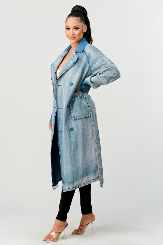 ATHINA WASHED DENIM LONG TRENCH COAT