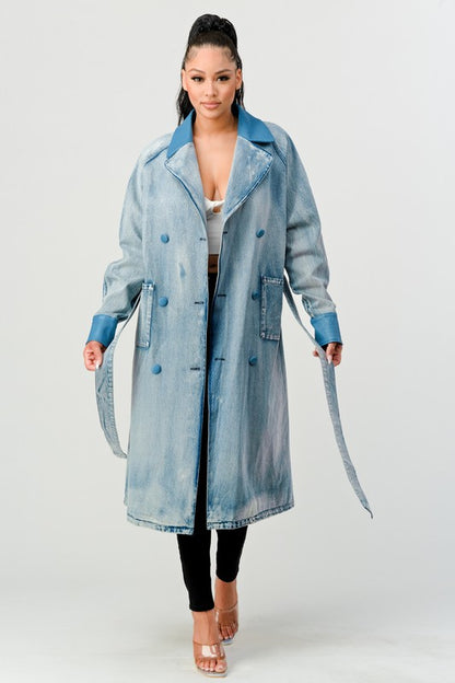 ATHINA WASHED DENIM LONG TRENCH COAT