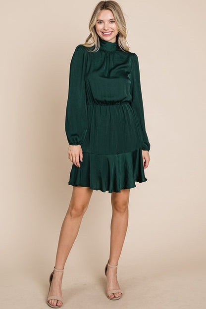 Ruffle Hem Tiered Turtle Neck Long Sleeve Dress