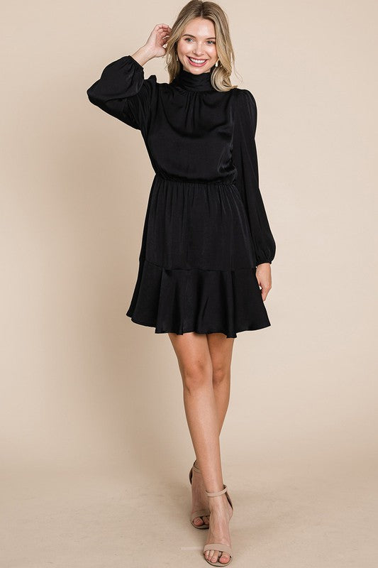 Ruffle Hem Tiered Turtle Neck Long Sleeve Dress