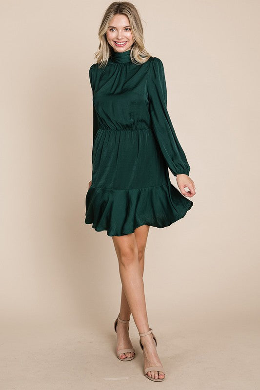 Ruffle Hem Tiered Turtle Neck Long Sleeve Dress