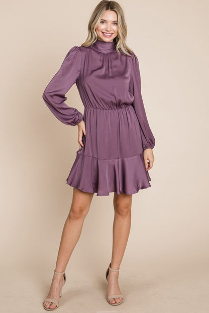 Ruffle Hem Tiered Turtle Neck Long Sleeve Dress