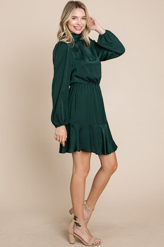 Ruffle Hem Tiered Turtle Neck Long Sleeve Dress