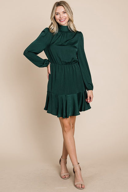 Ruffle Hem Tiered Turtle Neck Long Sleeve Dress