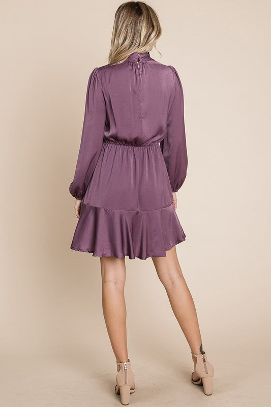 Ruffle Hem Tiered Turtle Neck Long Sleeve Dress