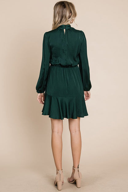 Ruffle Hem Tiered Turtle Neck Long Sleeve Dress